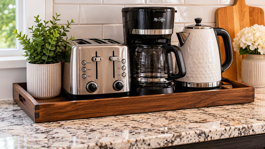 Using tray to organize kitchen appliance