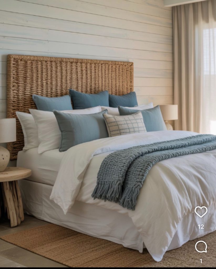 coastal bedroom with rattan headboard