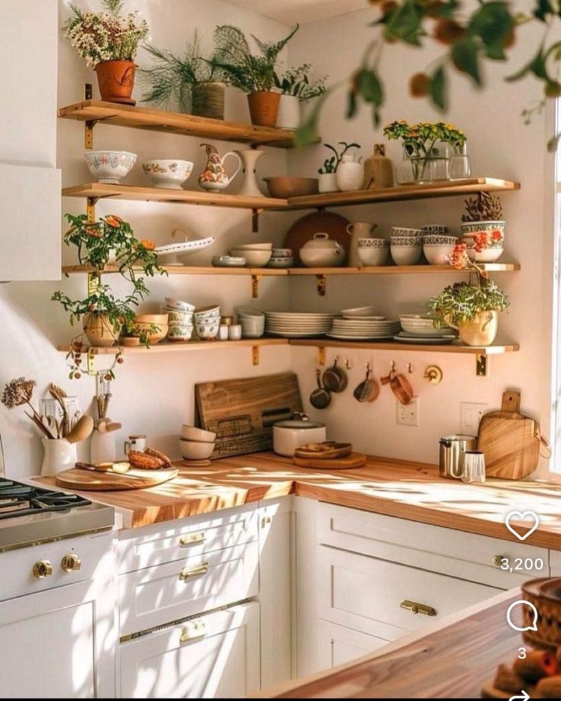 Open Floating Shelves  In a Rustic Kitchen