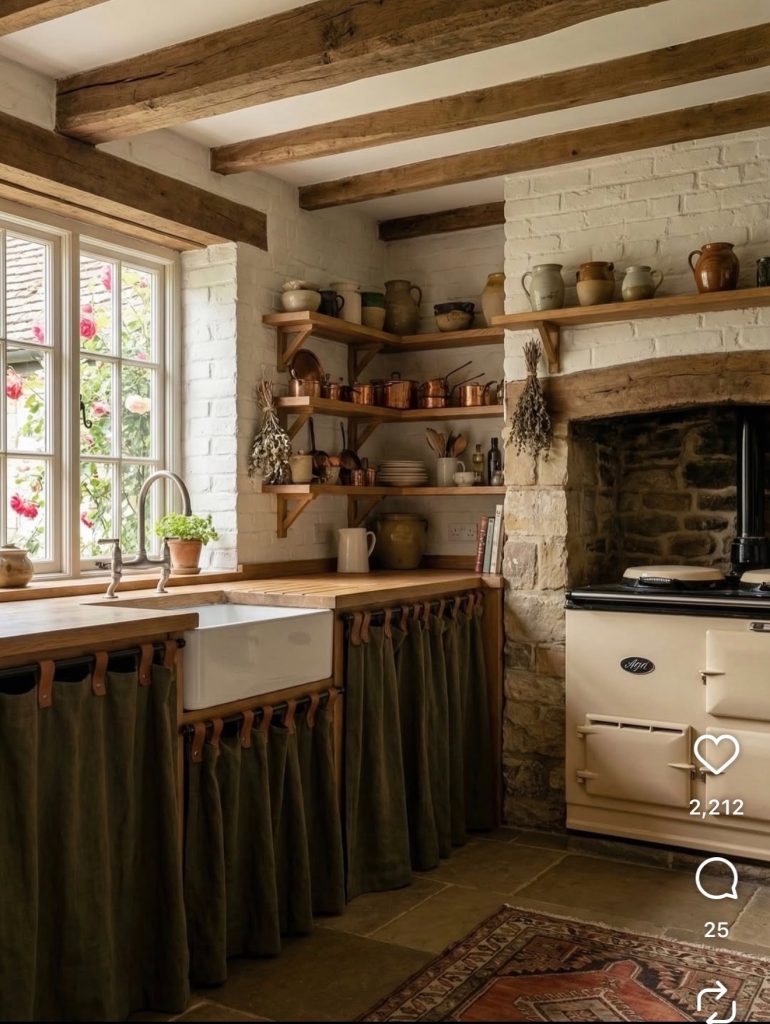 Curtain Under the Sink In A Rustic Kitchen