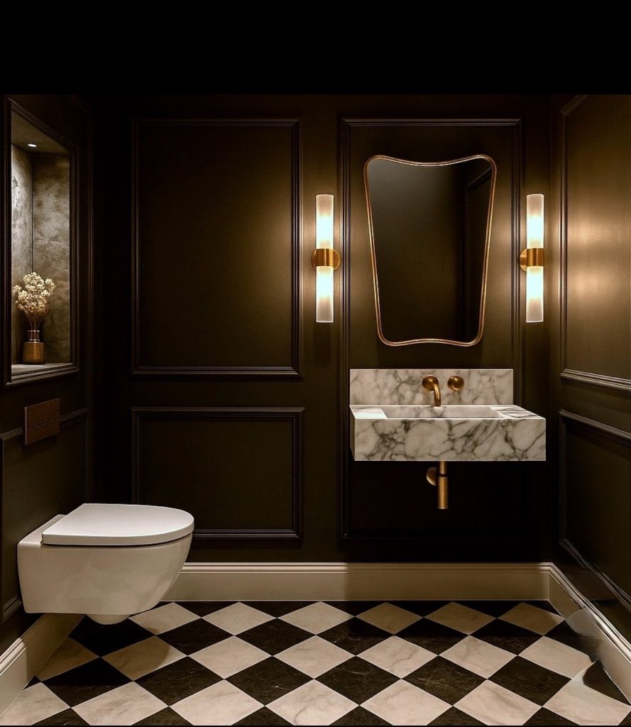 Warm and amber lightining in a moody bathroom