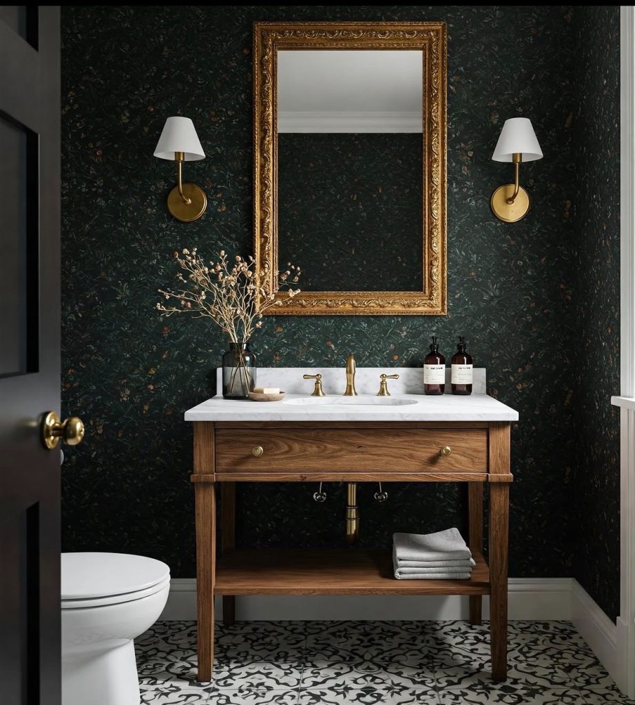 Vintage mirror in a moody bedroom