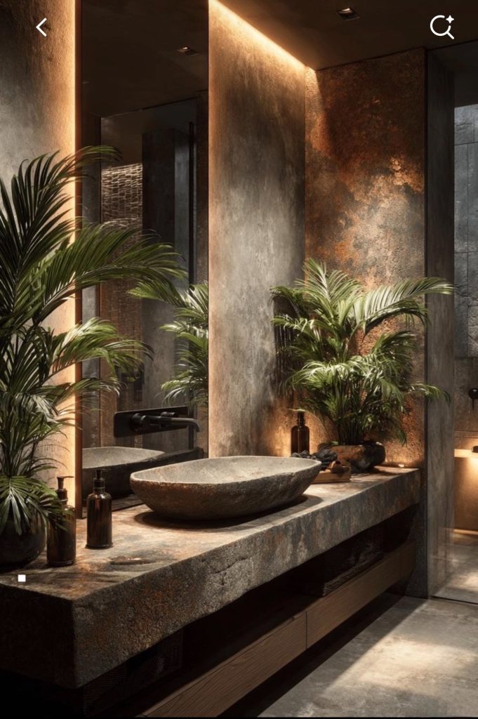 Greenery plants in a moody bathroom