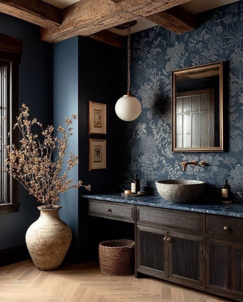 Natural elements in moody bathroom