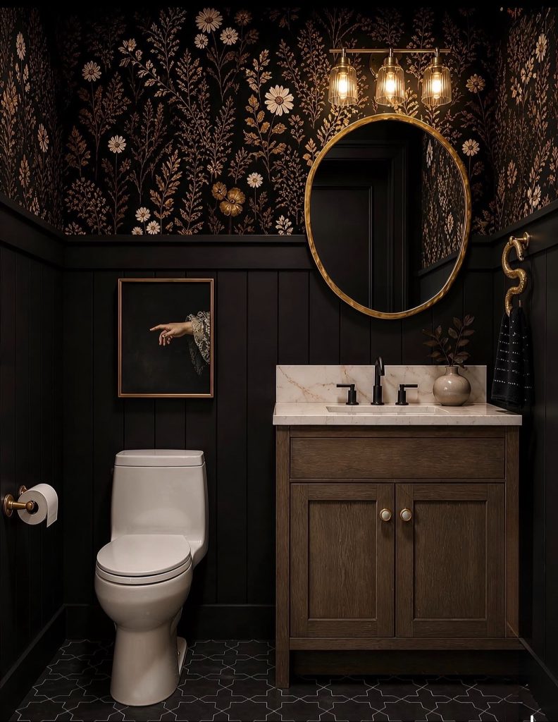 Black fixtures in  moody bathroom