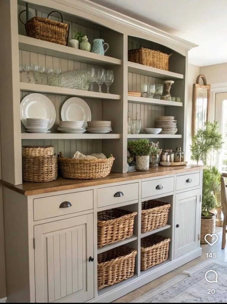 Farmhouse dining room with open shelving