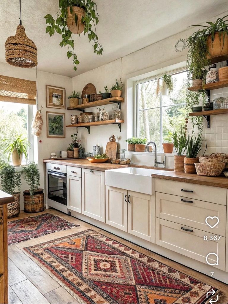 Vintage Rug On The Floor Of A Boho Kitchen