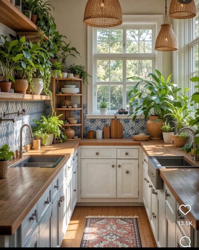 Green Plants In A Boho Kitchen