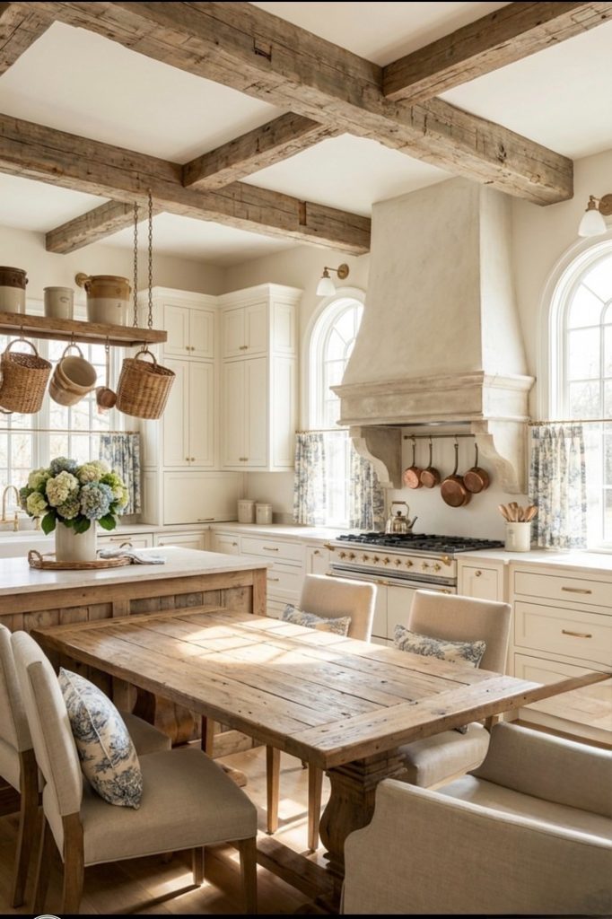French country kitchen with a wood beam