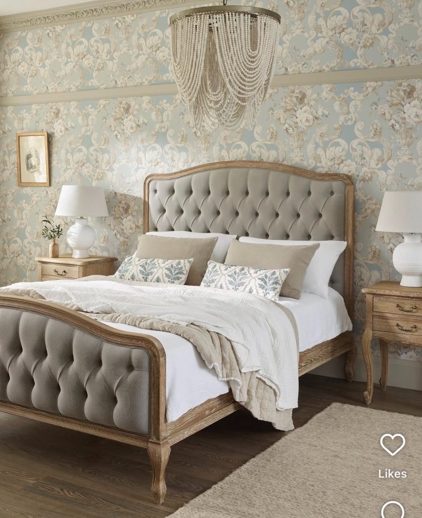 Linen headboard in a French Country Bedroom