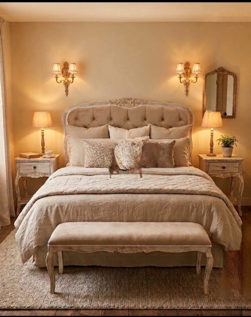 Warm lighting in a french country bedroom