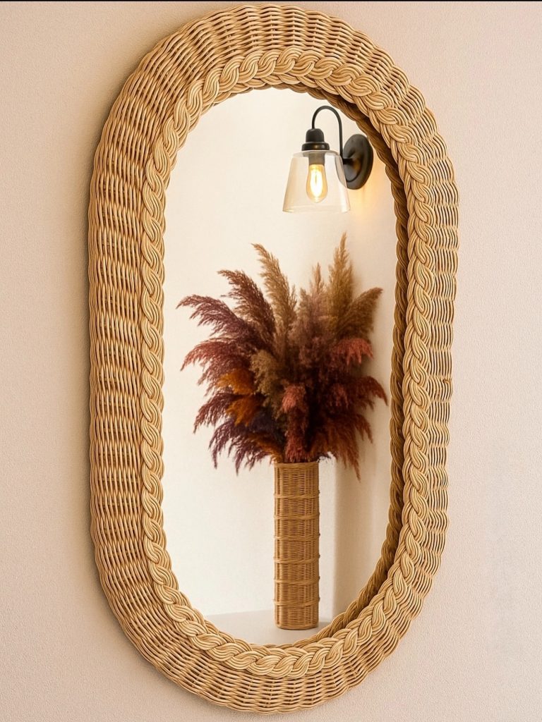 Woven Rattan Mirror In A Guest Bathroom