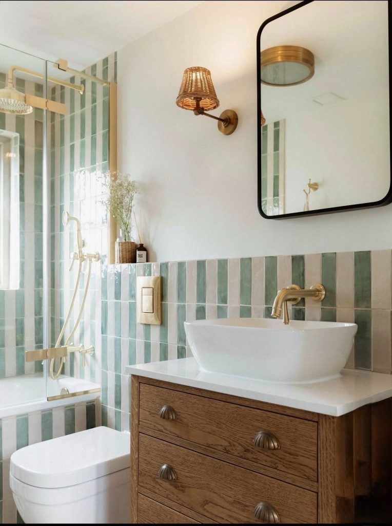 Sage Green + Warm Beige Color Pairing Of Earth Tone Bathroom