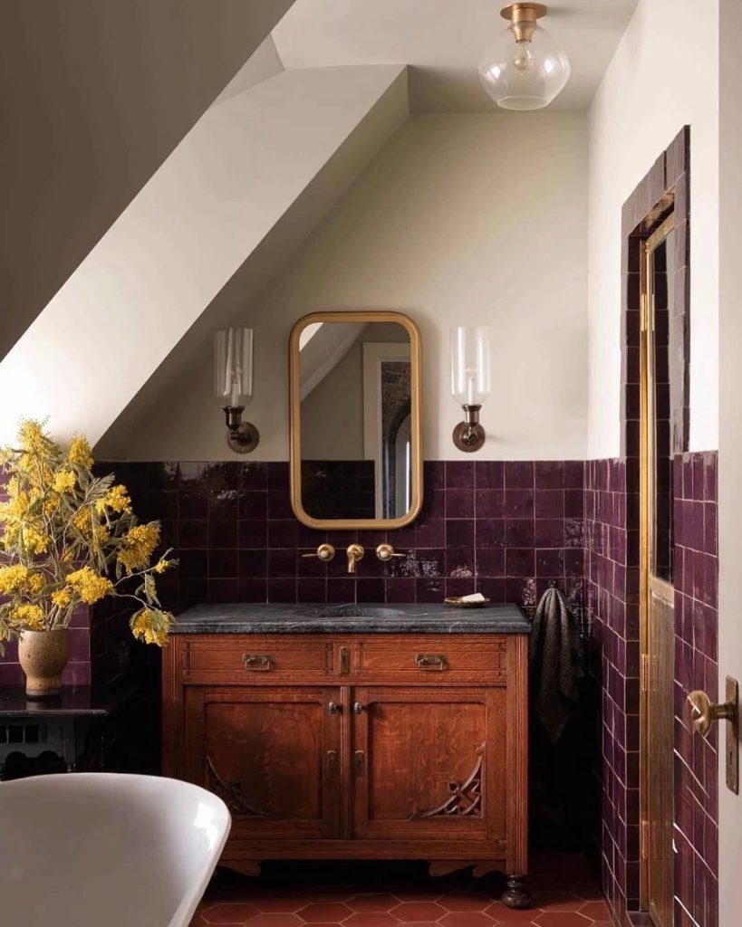 Terracotta Zellige Tile Walls In Earth Tone Guest Bathroom