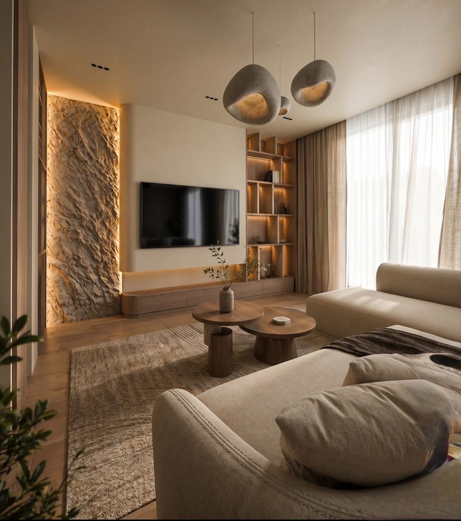 Pendant light in a minimalist luxury living room