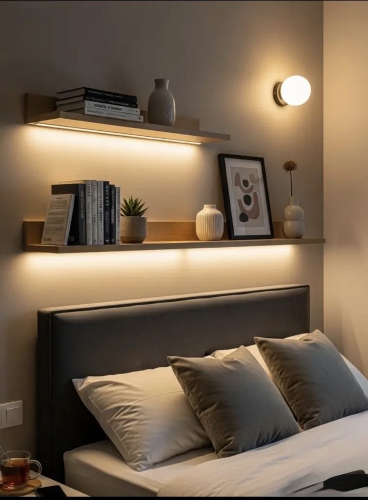Floating shelves in a cozy minimalist bedroom for women