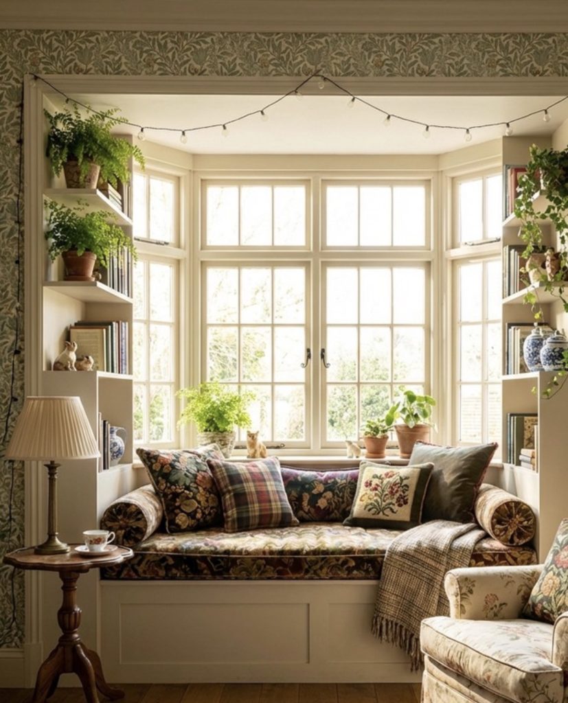 Green plants in a bay window reading nook