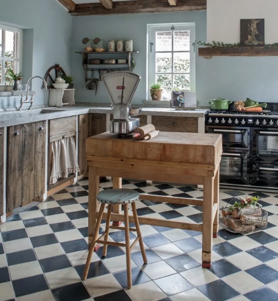 Blue and white checkerboard floor 