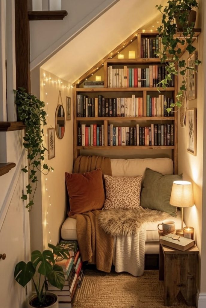 A Reading Nook Tucked Into the Low Corner