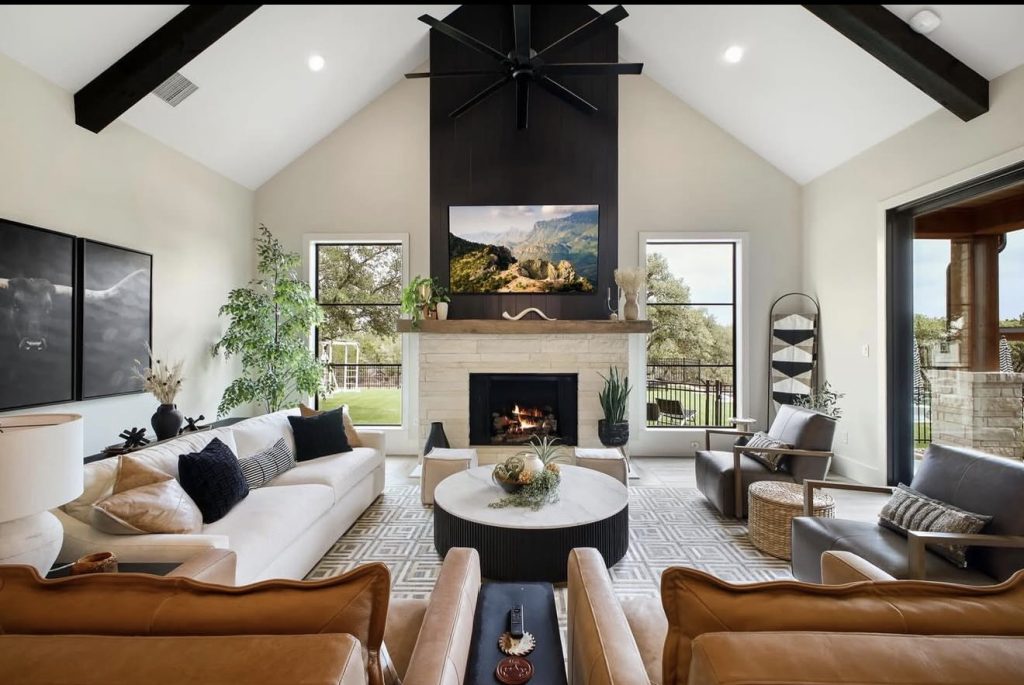 Black Fireplace With White Walls