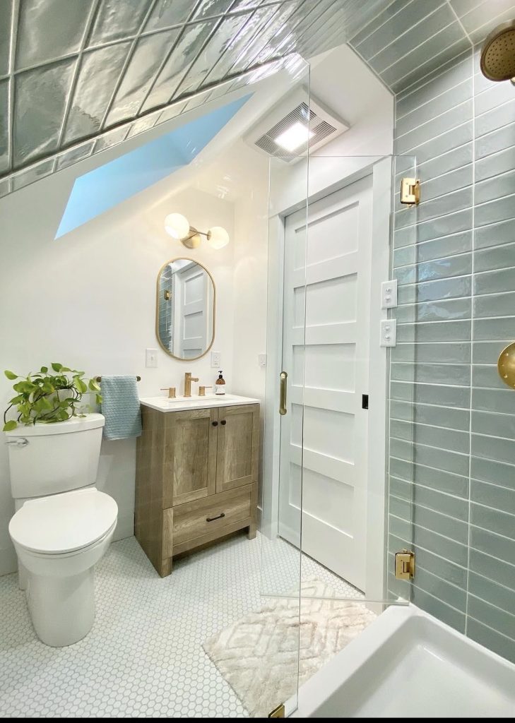 Skylight above the sink in an attic bathroom 