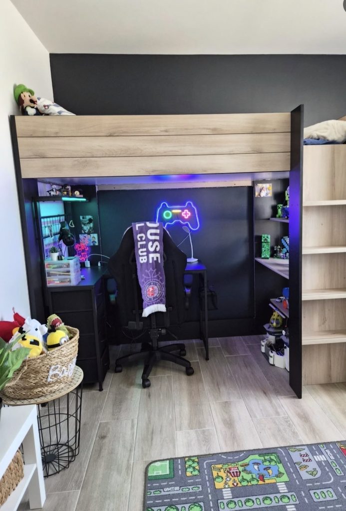 Loft bed with a gaming set up below
