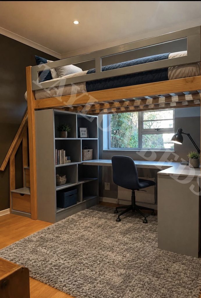 Loft bed for teen boys with in-built storage and shelving