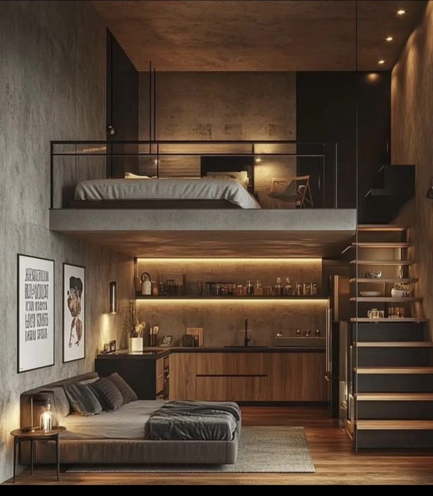Loft adult bedroom with layered lighting 