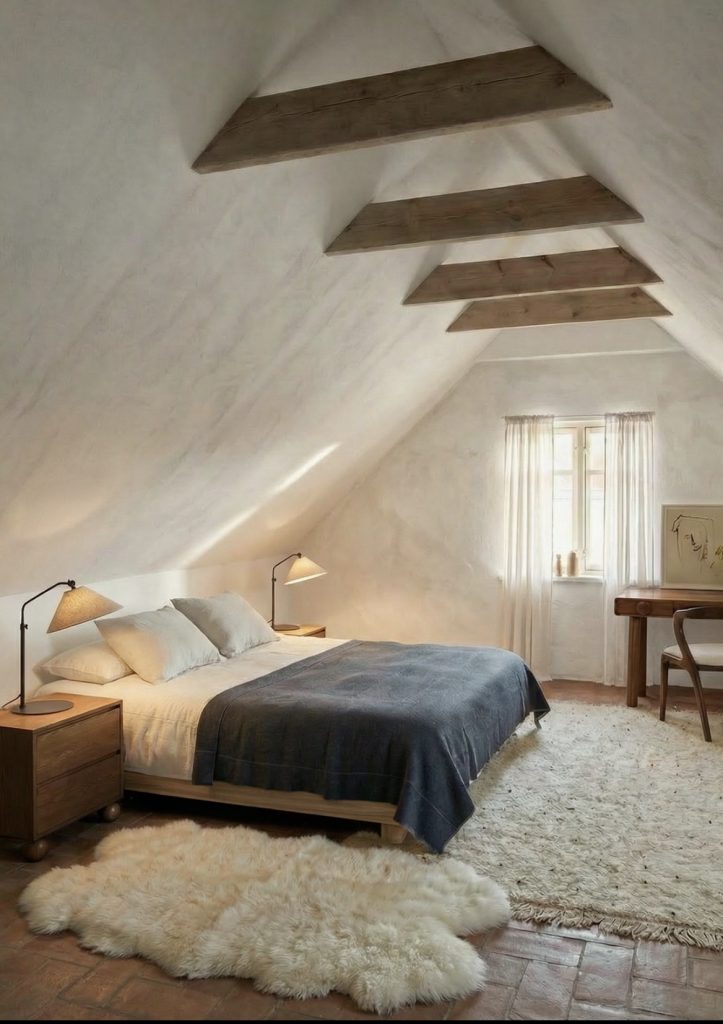 Loft bedroom with slanted ceiling 