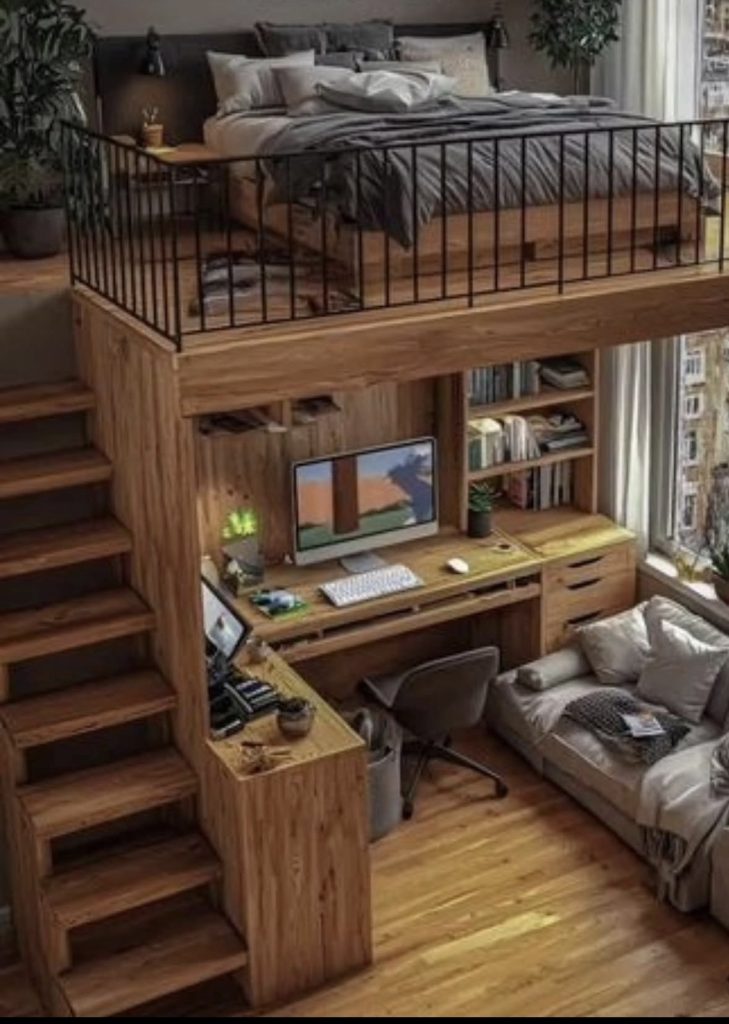 Loft adult bedroom with cool color palette 