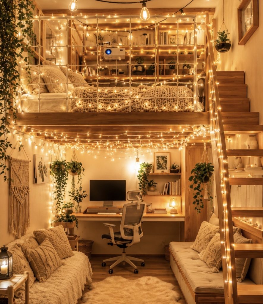 Adult loft bedroom with plant and other textures for decoration 