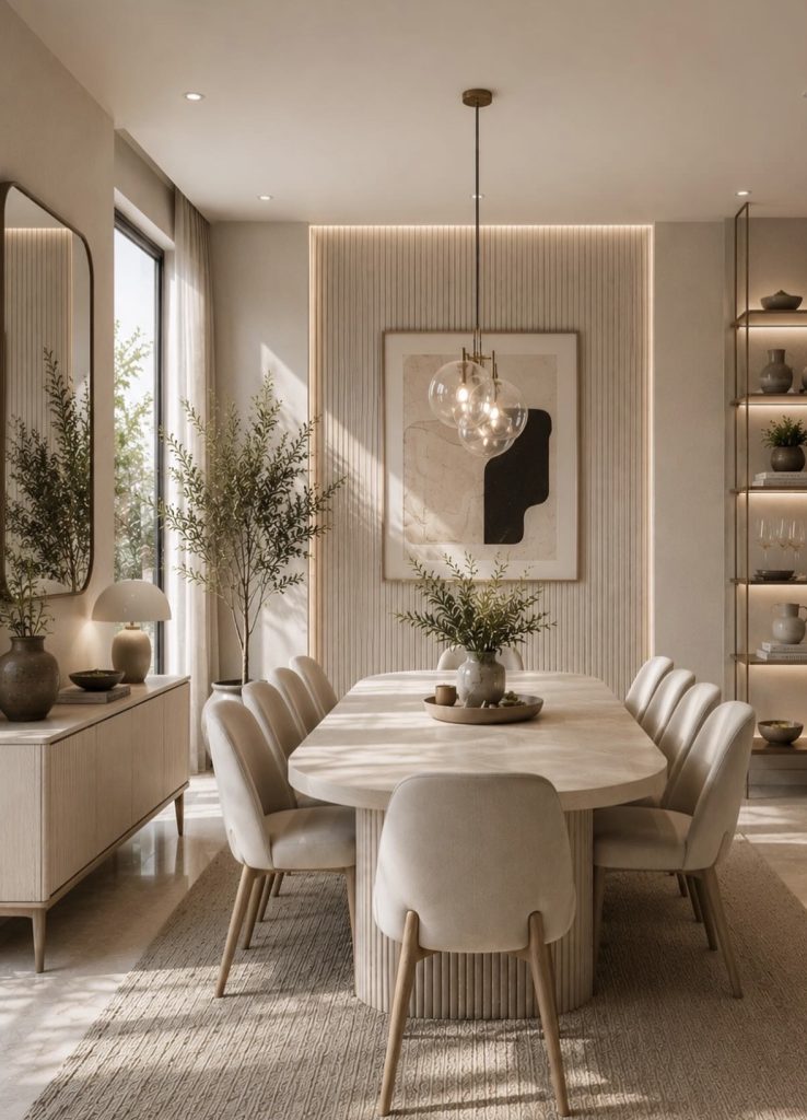 Minimalist luxury dining room with neutral color palette 