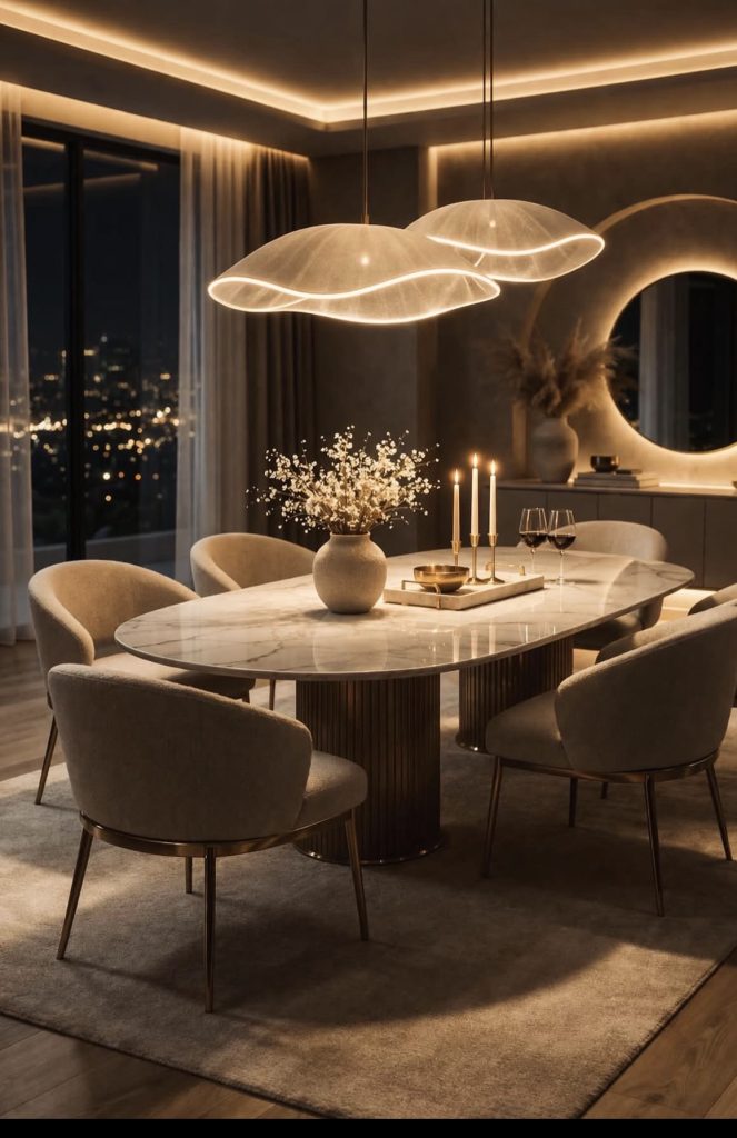 Minimalist luxury dining room with statement lights 