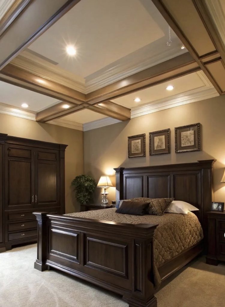 Moody dark academia bedroom with layered lighting