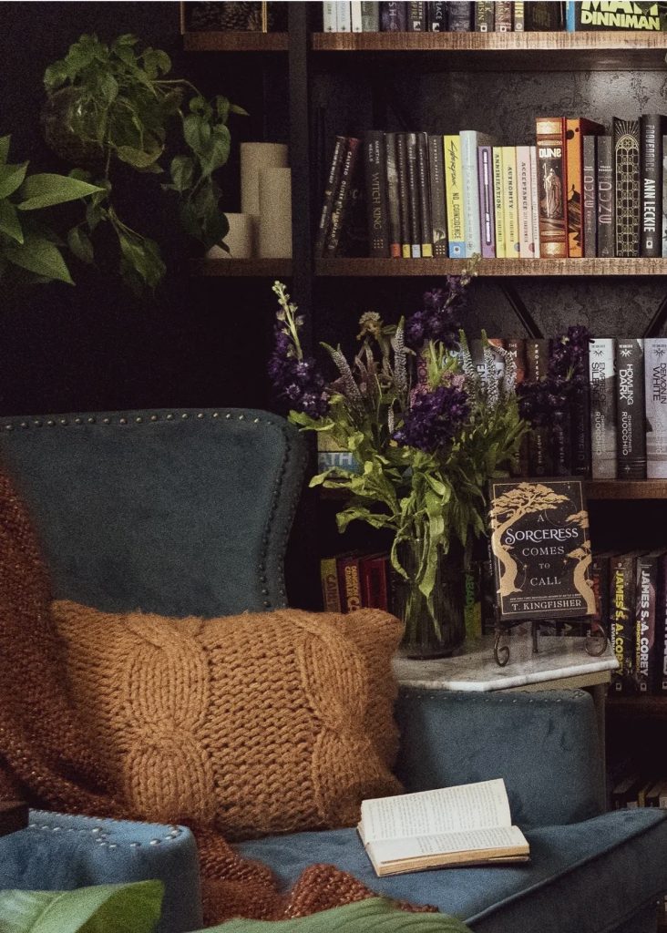 Book shelf with stacked books