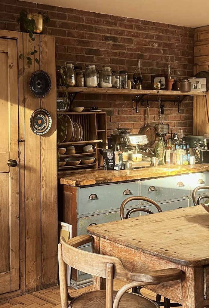  Vintage shelf in rustic dark academia kitchen 