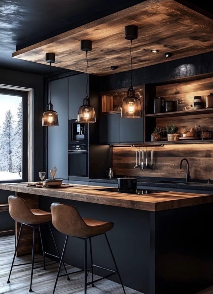 Moody lighting in dark academia kitchen 