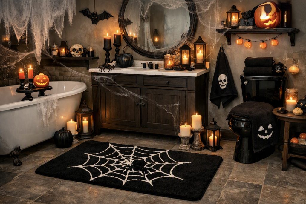Black bath mat and towel