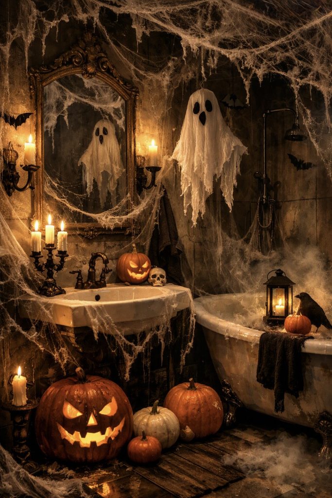 Fake cobwebs in a Halloween bathroom