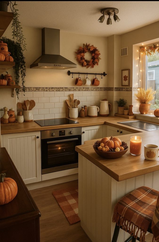 Open Shelf Kitchen Decorated For Fall
