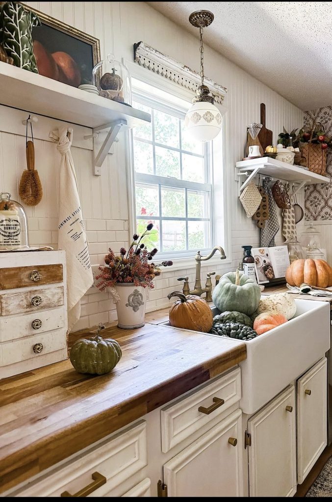 Kitchen countertop decorated with pumpkins 