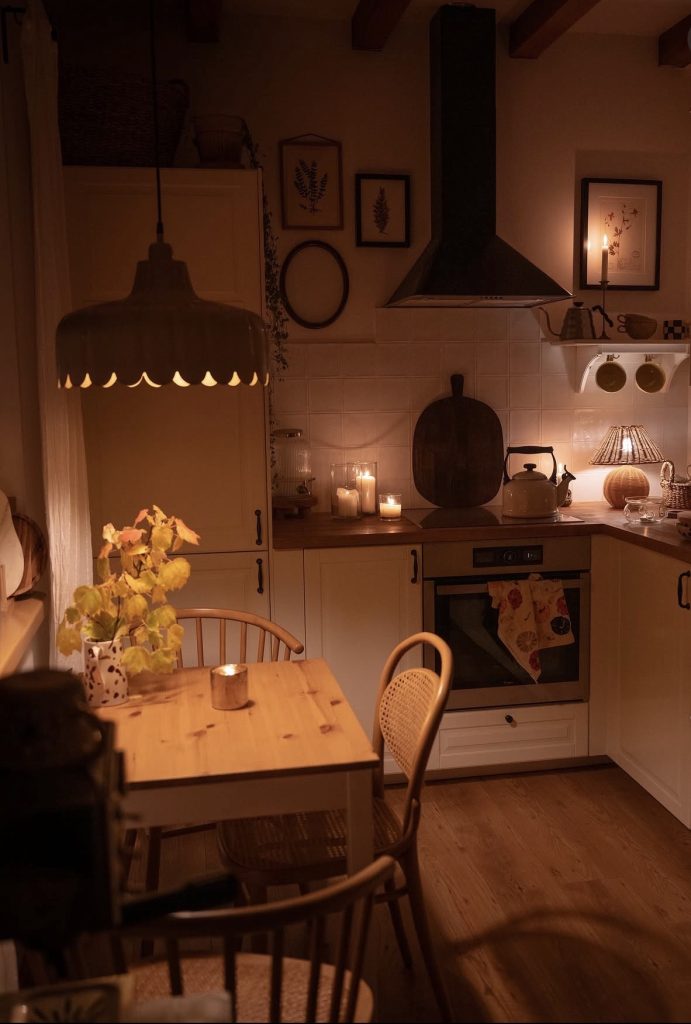 Fall scented candle on a kitchen countertop 