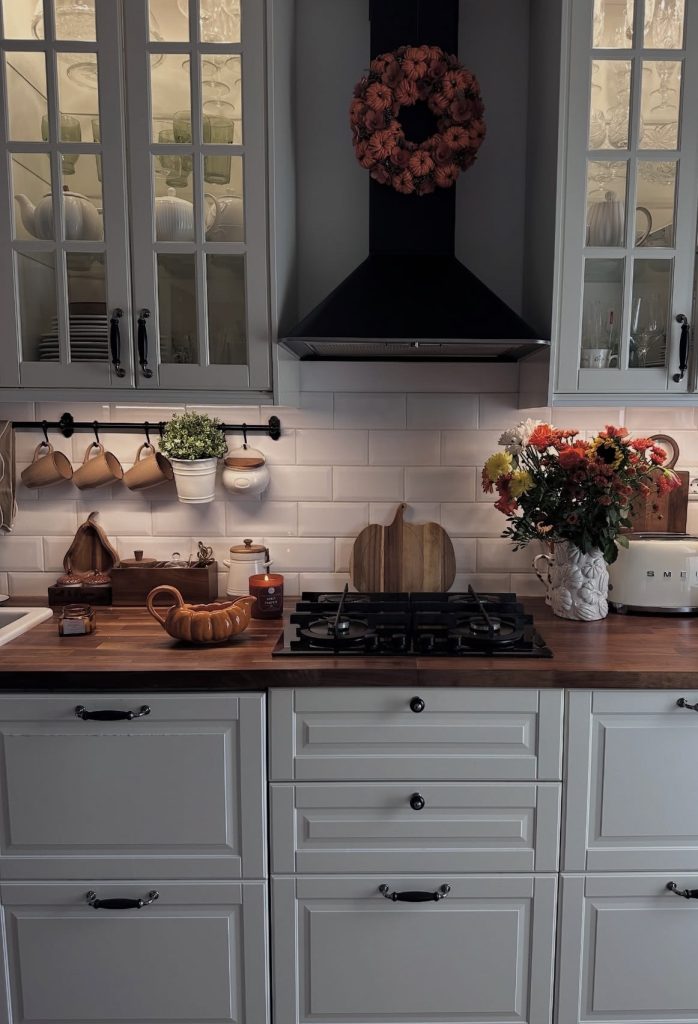 Fall greenery florals on kitchen countertop