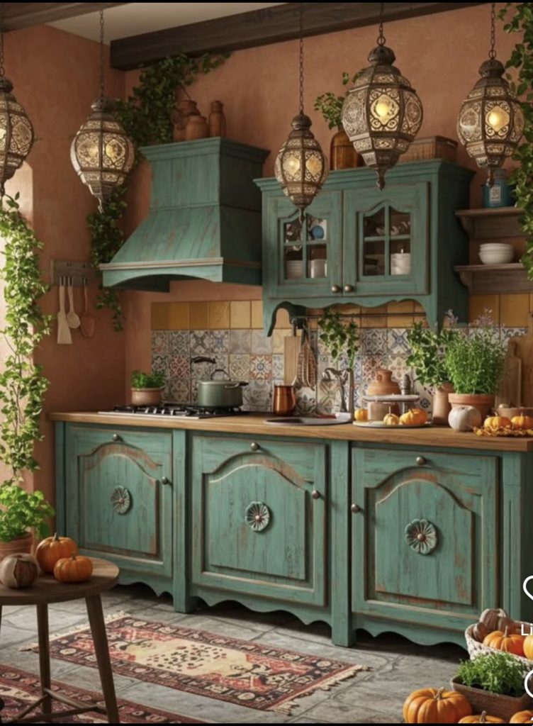 Mini pumpkin on top of kitchen cabinets