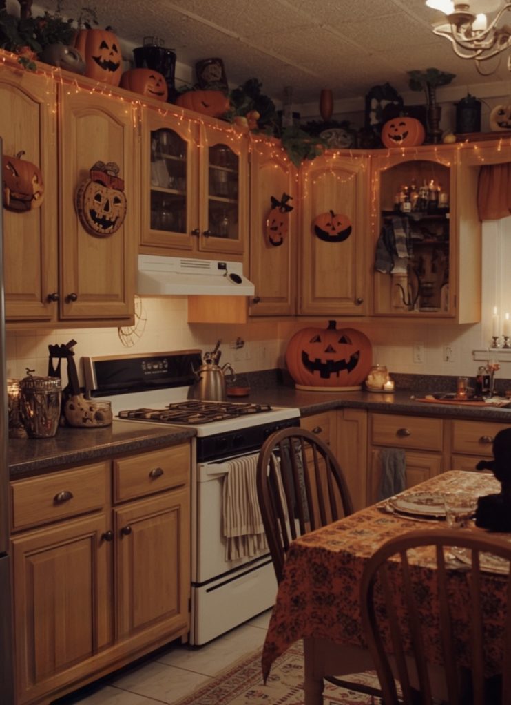 Halloween wreath on kitchen cabinet
