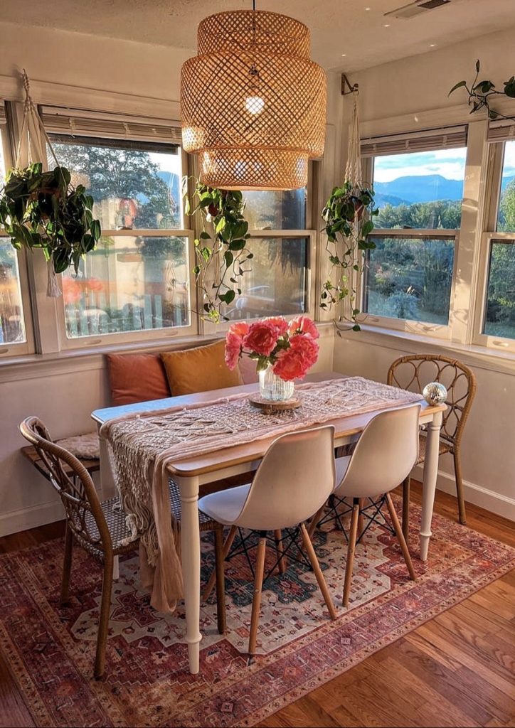 Statement rug under boho dining room