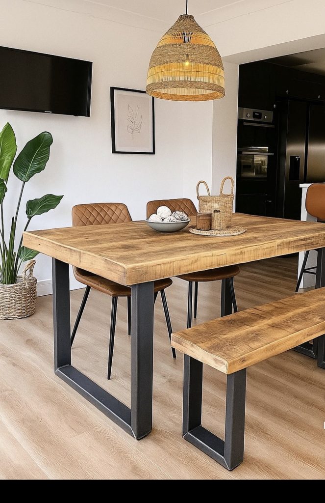 Boho dining room with bench as chair