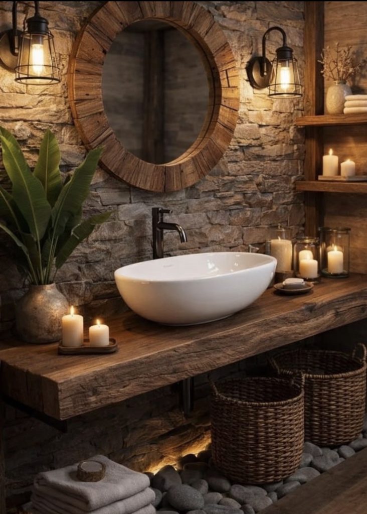 Japandi bathroom with natural textures 