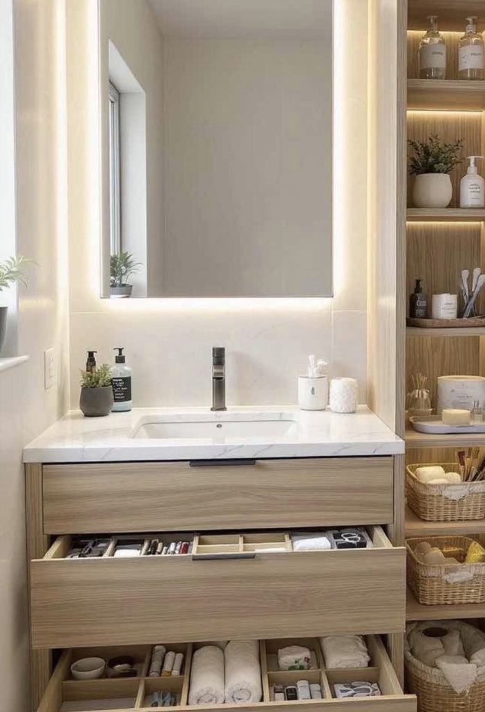Japandi bathroom with simple storage 