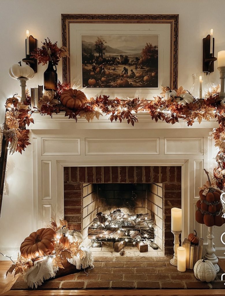 Fall mantel with layered candle 